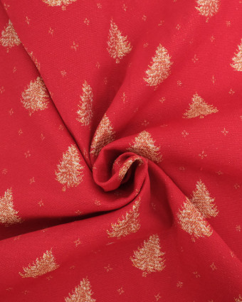 Tissu Jacquard Rouge Sapin de Noël Doré - Fabrication Française - Mercerine