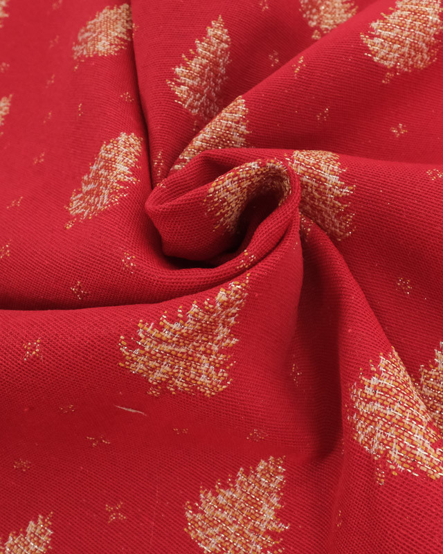 Tissu Jacquard Rouge Sapin de Noël Doré - Fabrication Française - Mercerine