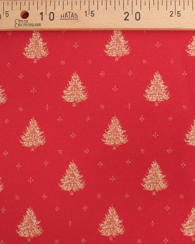 Tissu Jacquard Rouge Sapin de Noël Doré - Fabrication Française - Mercerine