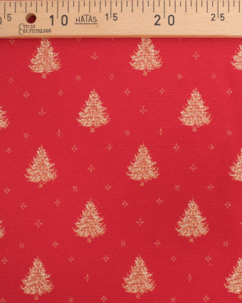 Tissu Jacquard Rouge Sapin de Noël Doré - Fabrication Française - Mercerine