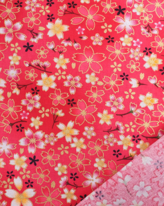 Tissu Coton Imprimé Fleur Sakura Lurex Rouge - Mercerine