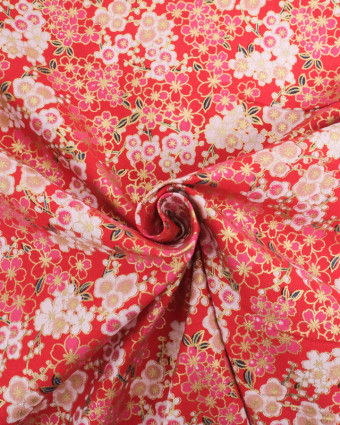 Tissu Coton Fleurs Japonisantes Lurex Rouge - Mercerine