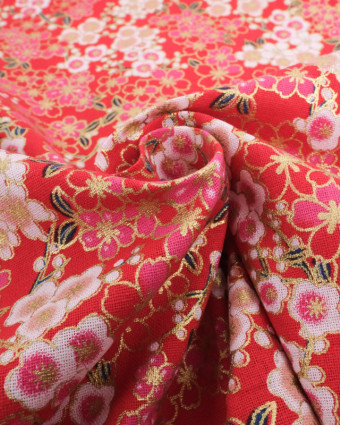 Tissu Coton Fleurs Japonisantes Lurex Rouge - Mercerine