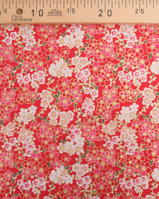 Tissu Coton Fleurs Japonisantes Lurex Rouge - Mercerine