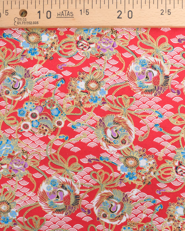 Tissu Coton Motif Esprit Asiatique Lurex Rouge - Mercerine