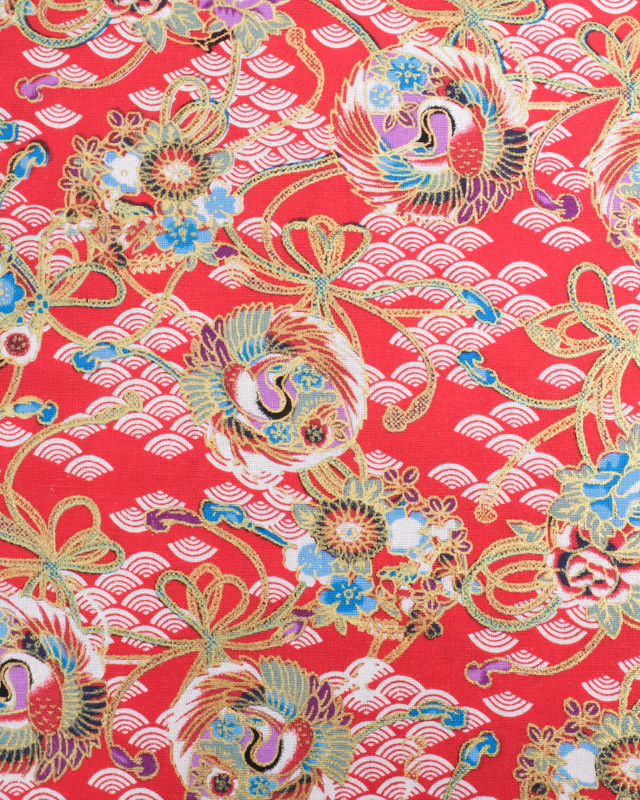 Tissu Coton Motif Esprit Asiatique Lurex Rouge - Mercerine