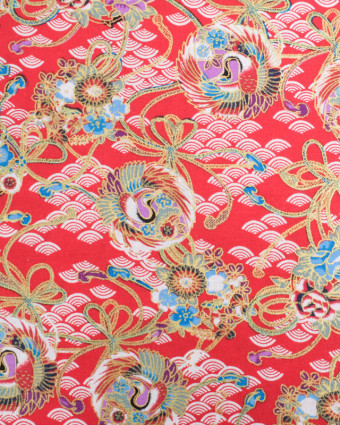 Tissu Coton Motif Esprit Asiatique Lurex Rouge - Mercerine