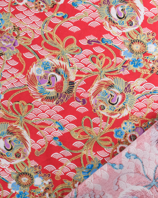 Tissu Coton Motif Esprit Asiatique Lurex Rouge - Mercerine