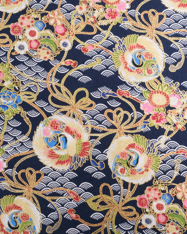 Tissu Coton Motif Esprit Asiatique Lurex Bleu marine - Mercerine