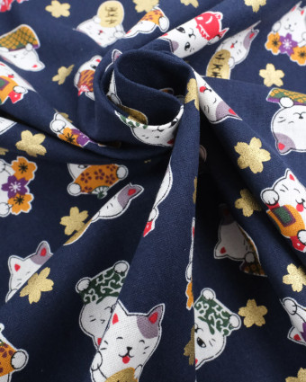 Tissu Coton Maneki-Neko Lurex Bleu Marine - Mercerine