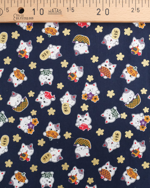 Tissu Coton Maneki-Neko Lurex Bleu Marine - Mercerine