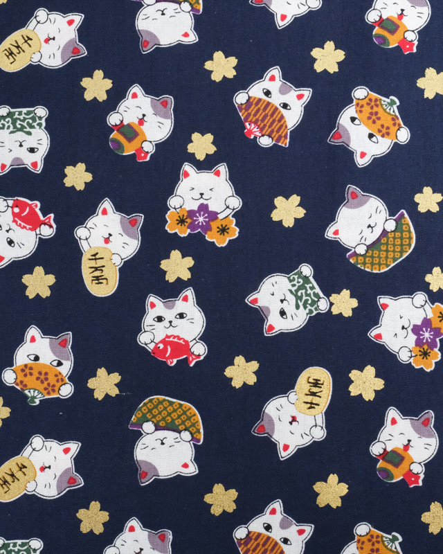 Tissu Coton Maneki-Neko Lurex Bleu Marine - Mercerine