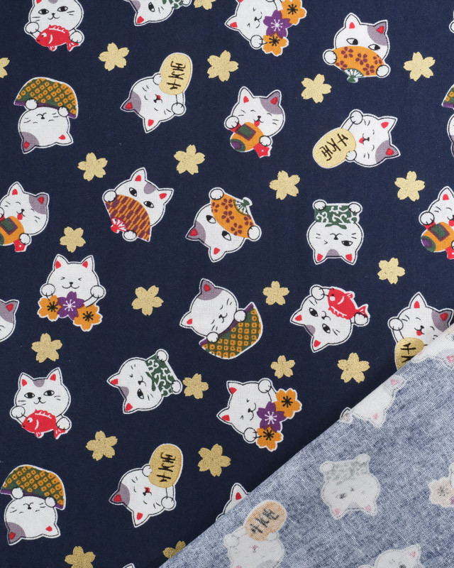 Tissu Coton Maneki-Neko Lurex Bleu Marine - Mercerine