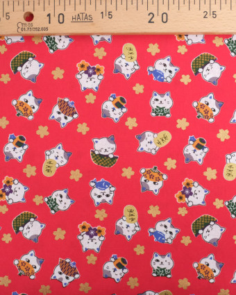 Tissu Coton Maneki-Neko Lurex Rouge - Mercerine