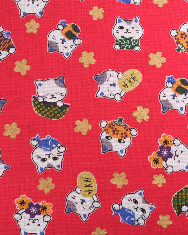 Tissu Coton Maneki-Neko Lurex Rouge - Mercerine