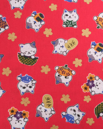 Tissu Coton Maneki-Neko Lurex Rouge - Mercerine