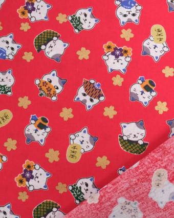 Tissu Coton Maneki-Neko Lurex Rouge - Mercerine