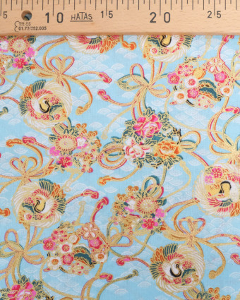 Tissu Coton Motif Esprit Asiatique Lurex Bleu ciel - Mercerine