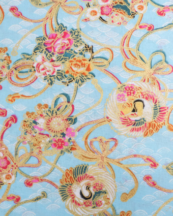 Tissu Coton Motif Esprit Asiatique Lurex Bleu ciel - Mercerine