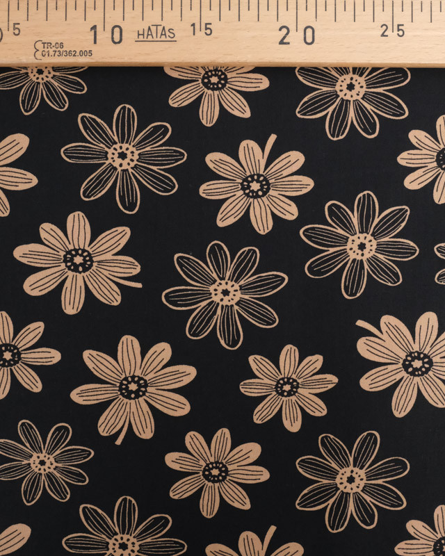 Tissu Popeline Dessin Marguerite Taupe Noir - Mercerine