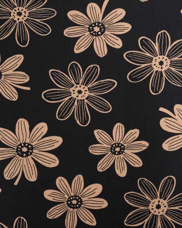 Tissu Popeline Dessin Marguerite Taupe Noir - Mercerine