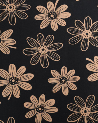 Tissu Popeline Dessin Marguerite Taupe Noir - Mercerine