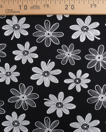 Tissu Popeline  Dessin Marguerite Blanche Noir - Mercerine