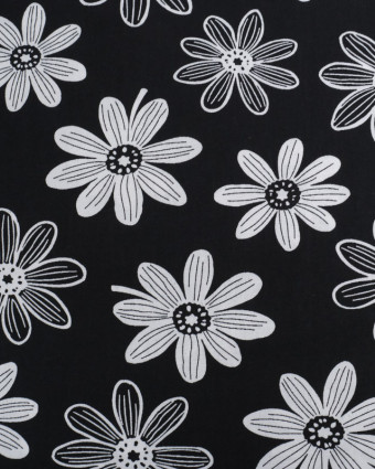 Tissu Popeline  Dessin Marguerite Blanche Noir - Mercerine