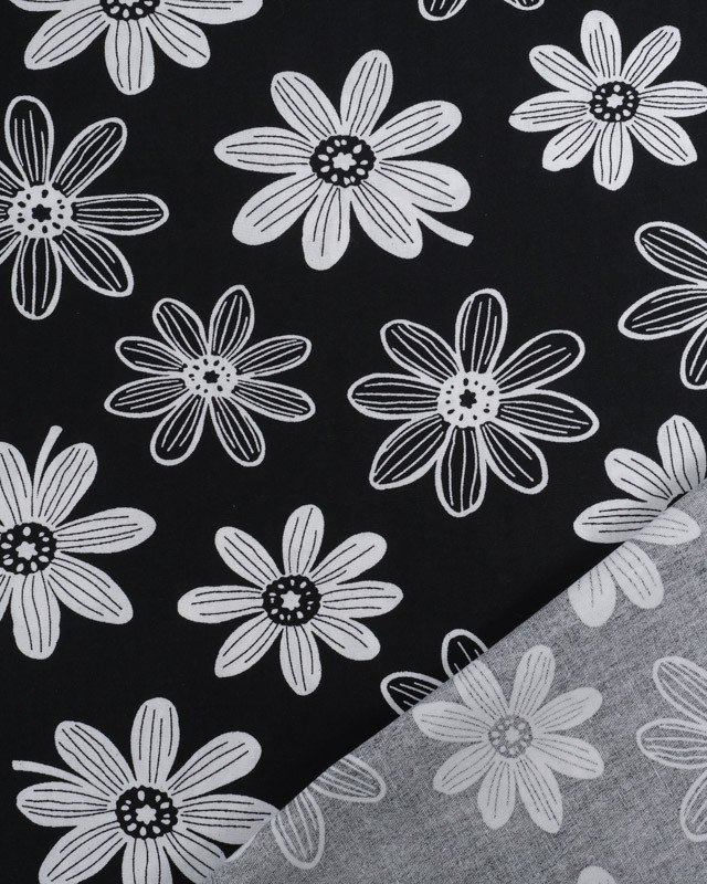 Tissu Popeline  Dessin Marguerite Blanche Noir - Mercerine