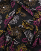 Jersey De Viscose Noir Motif Fleuri Ocre et Framboise