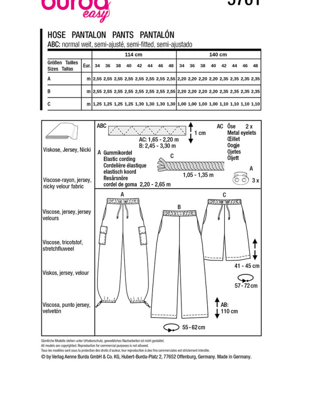 Patron Pantalon cargo Burda 5761 - Mercerine