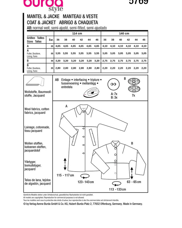 Patron Manteau/veste Burda 5769 - Mercerine