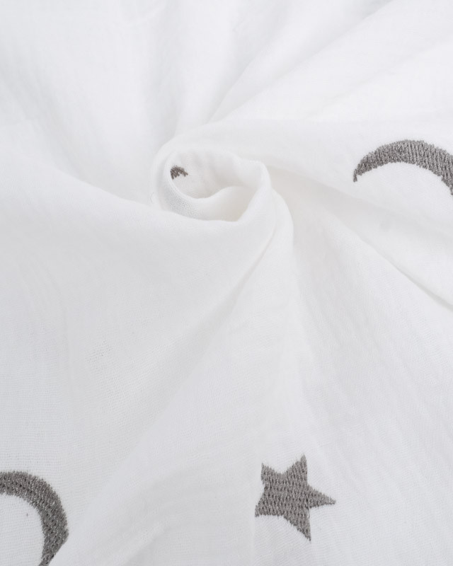 Tissu Double Gaze Blanc Brodé Etoiles Argents - Mercerine