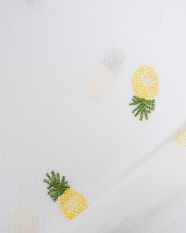 Tissu Double Gaze Brodé Blanc Ananas - Mercerine