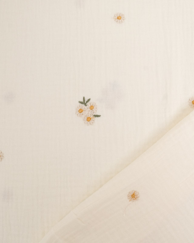 Tissu Gaze de Coton Brodé Beige Flowers - Mercerine