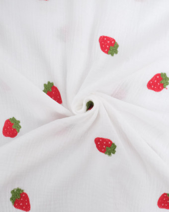 Tissu Double Gaze Brodé Blanc Fraises - Mercerine