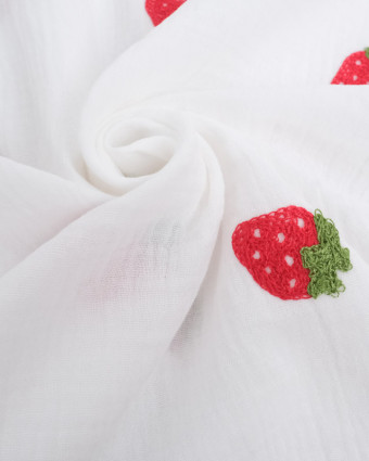 Tissu Double Gaze Brodé Blanc Fraises  - Mercerine