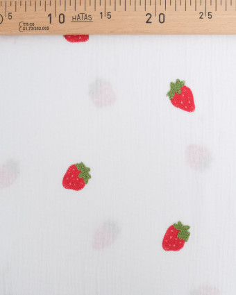 Tissu Double Gaze Brodé Blanc Fraises  - Mercerine