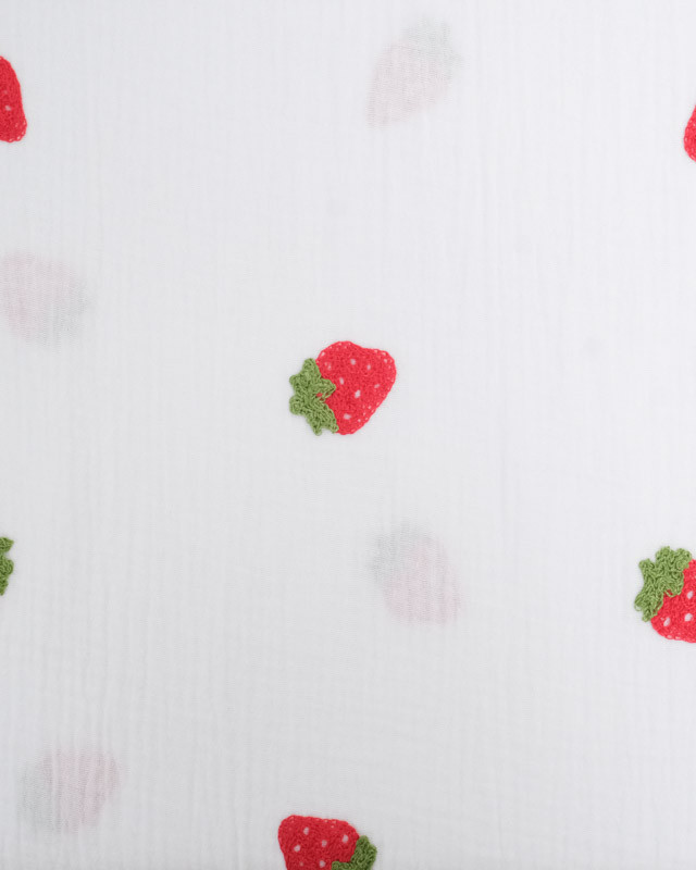 Tissu Double Gaze Brodé Blanc Fraises  - Mercerine