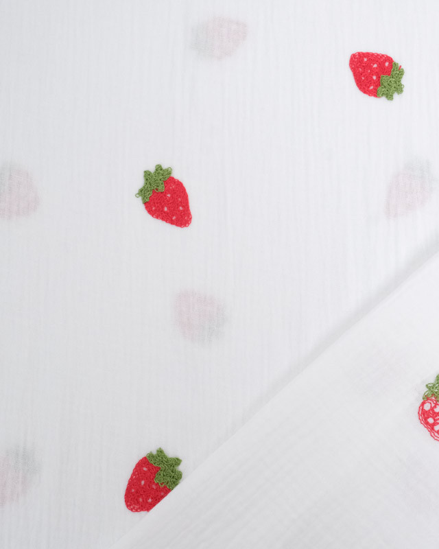 Tissu Double Gaze Brodé Blanc Fraises  - Mercerine