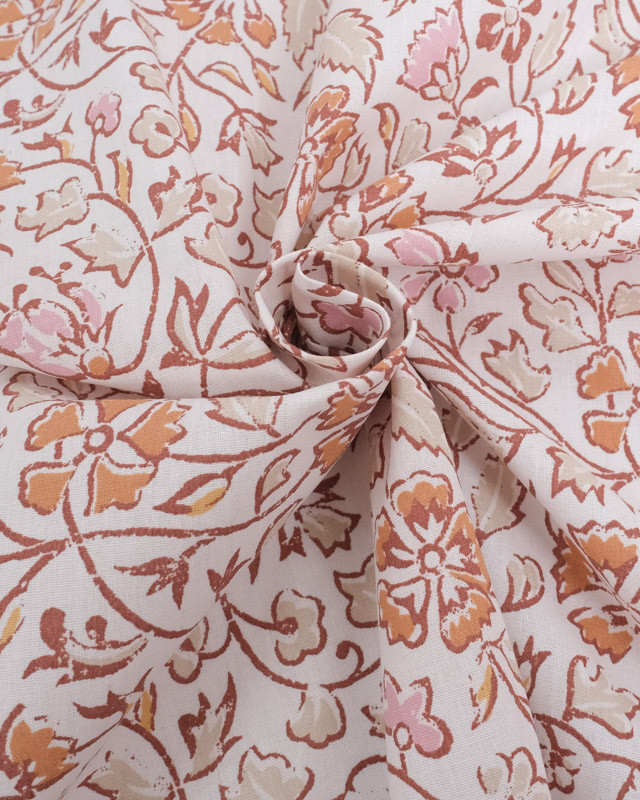 Tissu Coton Ecru Joli Motif Fleuri Rose et Marron - Oeko-Tex - Mercerine