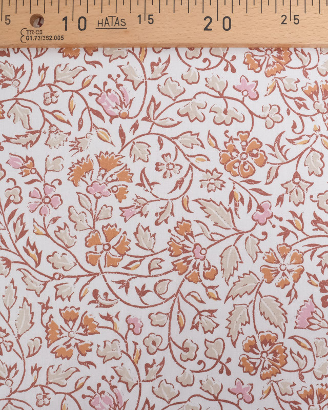 Tissu Coton Ecru Joli Motif Fleuri Rose et Marron - Oeko-Tex - Mercerine