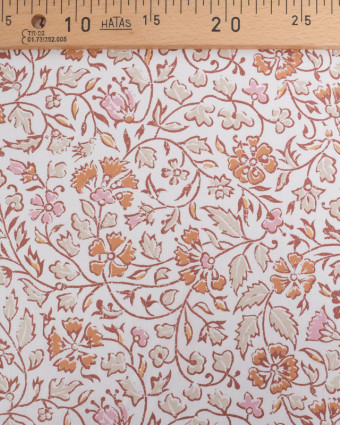 Tissu Coton Ecru Joli Motif Fleuri Rose et Marron - Oeko-Tex - Mercerine