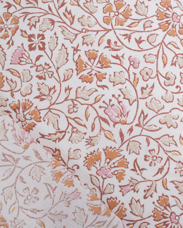 Tissu Coton Ecru Joli Motif Fleuri Rose et Marron - Oeko-Tex - Mercerine