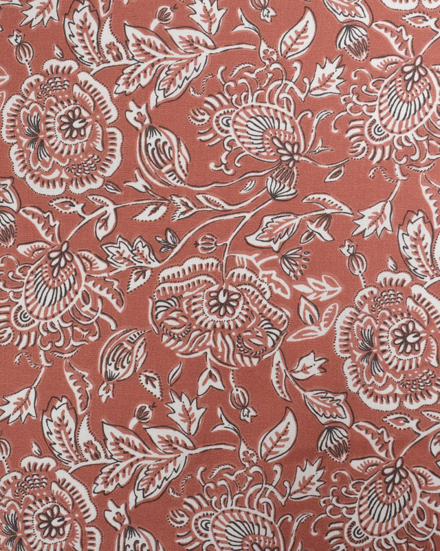 Tissu Coton Marron Motif Feurs - Oeko-Tex - Mercerine