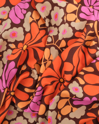 Tissu Viscose Marron Motif Seventies Rose et Orange  - Oeko-Tex - Mercerine