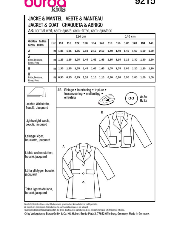 Patron Veste & manteau Burda 9215 - Mercerine