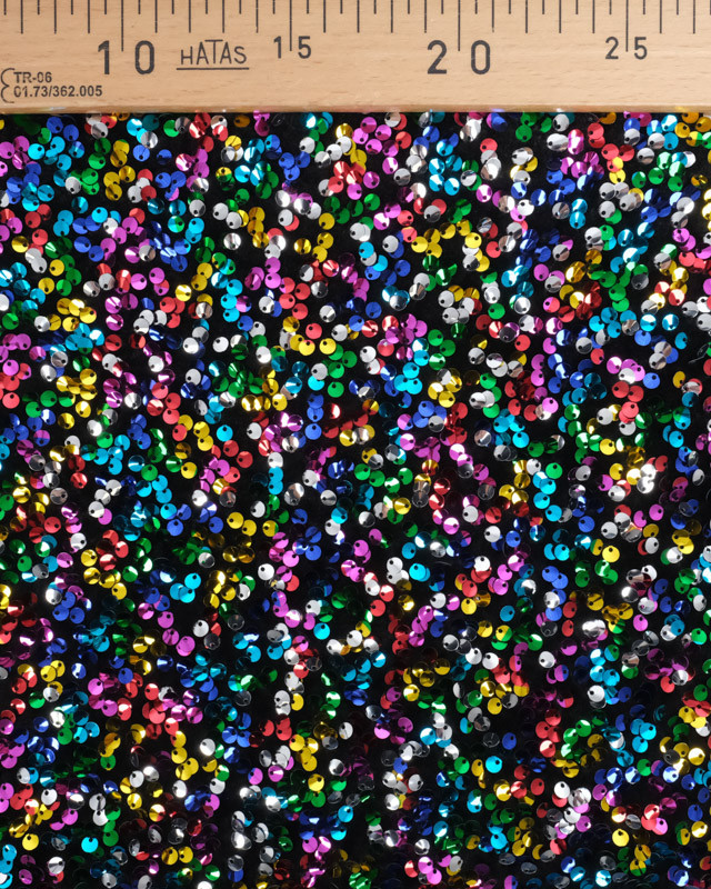 Tissu Sequins Multicolores Brodés Sur Velours Noir Léger - Mercerine