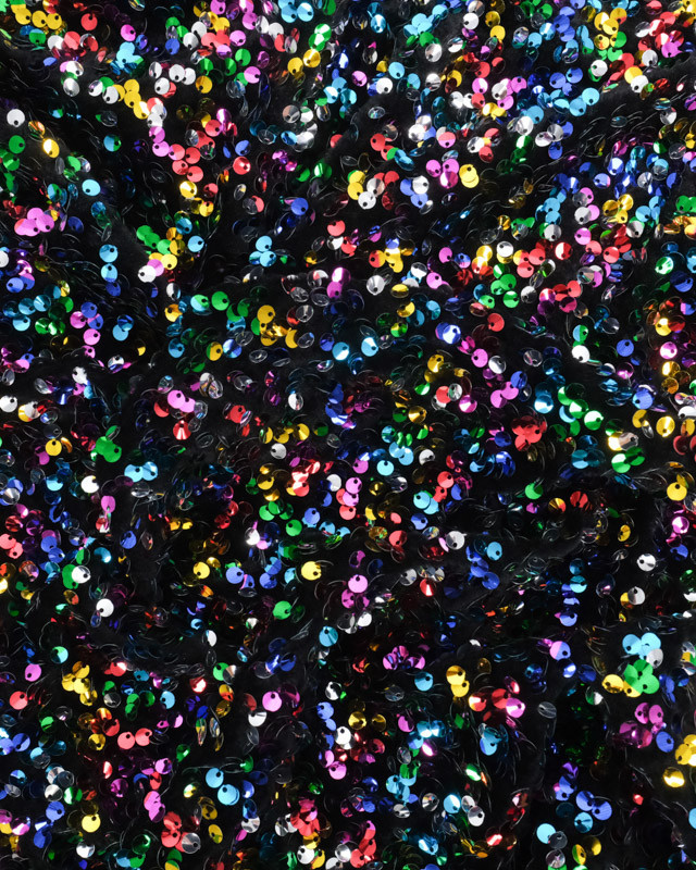 Tissu Sequins Multicolores Brodés Sur Velours Noir Léger - Mercerine