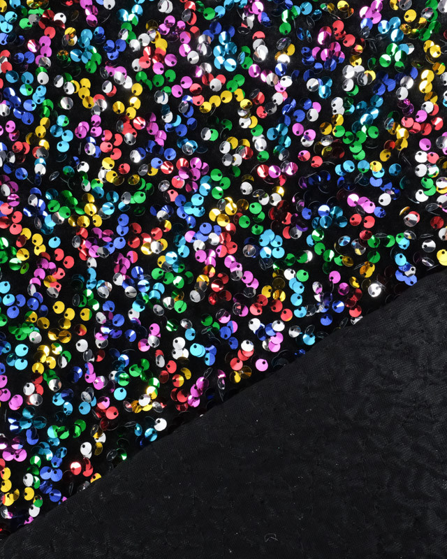 Tissu Sequins Multicolores Brodés Sur Velours Noir Léger - Mercerine